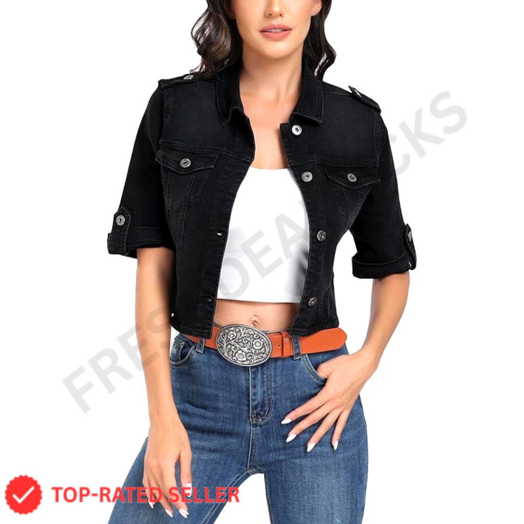 Cropped Denim Jacket Short Sleeve Stretch Retro Casual Button Down Trucker